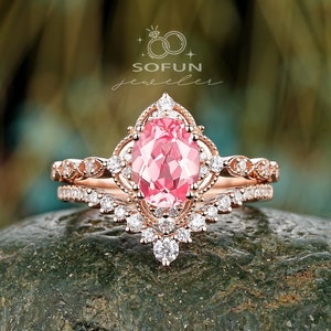 Oval Shape Pink Sapphire and Diamond Engagement Ring,  Rose Gold Pink Floral Promise Ring Milgrain Flower Wedding Ring Anniversary for Women