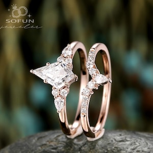Conjunto de noivado vintage em formato de pipa, moissanita, ouro rosa, conjunto de casamento exclusivo em formato de V, anel de noivado, presente de aniversário para ela