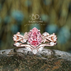 Vintage Pear Shape Padparadscha Pink Sapphire Leaf Engagement Ring Set, Unique 14K Rose Gold Wedding Ring, Twig Vine Promise Ring Bridal Set