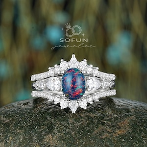 Vintage Oval Shape Black Opal Engagement Ring Set, Unique Silver White Gold Black Fire Opal Promise Ring Set, Anniversary Ring Gift For Her