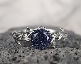 Unique Black Gold Vermeil Round Star Blue Sandstone Engagement Ring, Vintage Rhodium Black Finish Leaf Twig Branch Wedding Promise Ring