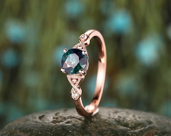 Natural Teal Sapphire and Diamond Engagement Ring, Unique Sapphire Promise Ring, 14K 18K Rose Gold Round Sapphire Wedding Ring Gift for her