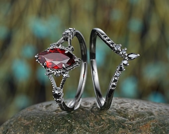Black Gold Marquise Garnet Engagement Ring Set, Gothic January Birthstone Promise Ring Set, Rhodium Black Bridal Set, Black Wedding Ring