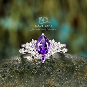 Vintage Birnenform Amethyst Verlobungsring Set, einzigartiger 14K Weißgold Amethyst Ehering, Amethyst Blumen Versprechen Ring Braut Set Geschenke
