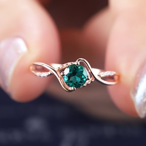 Dainty Emerald Engagement Rose Gold Ring, Vintage Twig Promise Ring, Unique Green Emerald Wedding Ring, May Birthstone Gift Anniversary Ring