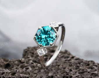 3 CT Unique Neon Blue Paraiba Tourmaline Engagement Gold Ring, Vintage Silver 14K White Gold Greenish Tourmaline Wedding Promise Ring Gift