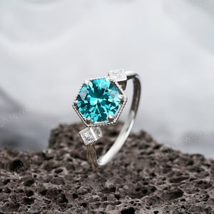 3 CT Einzigartiger Neon Blauer Paraiba Turmalin Verlobungsring Gold, Vintage Silber 14K Weißgold grünliche Turmalin Hochzeit Versprechen Ring Geschenk
