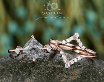 3PCS Princess Cut Black Rutilated Quartz Engagement Ring Set, Three Stone 14K Rose Gold Rutilated Promise Propose Wedding Rings Gift for Her