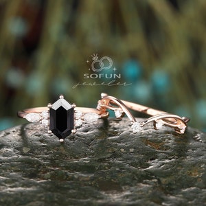 Vintage Long Hexagon Black Onyx Engagement Ring Set, Unique Black Stone Wedding Bridal Set ,Rose Gold Elongated Hexagon Onyx Promise Ring