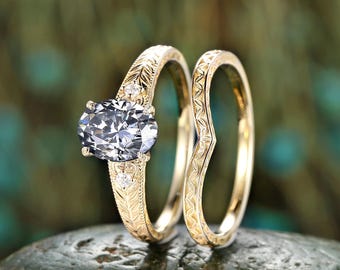 Vintage ovale grijze moissaniet verlovingsring, bloemen 14K roségouden trouwring set, unieke Victoriaanse belofte ring aangepaste sieraden vrouwen cadeau
