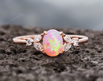 Vintage Pink Fire Opal Engagement Ring, Silver Cute Oval Cut Opal Wedding Ring Dainty 14K Rose Gold Lovely Mixed Fire Opal Promise Ring Gift