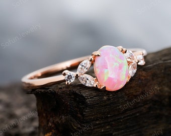 Vintage Pink Fire Opal Engagement Ring, Unique Oval Opal Wedding Ring 14K Rose Gold Marquise Moissanite Promise Anniversary Ring for Women
