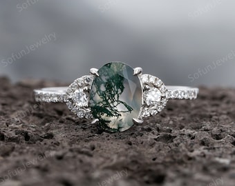 Vintage Oval Cut Moss Agate Engagement Ring Unique 14K White Gold Wedding Anniversary Ring, Green Tree Moss Agate Promise Ring Gift for her