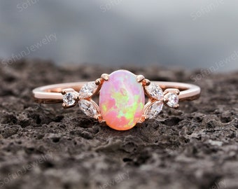 Vintage Pink Fire Opal Engagement Ring, Silver Cute Oval Cut Opal Wedding Ring, Dainty 14K Rose Gold Lovely Pink Opal Promise Ring Gift