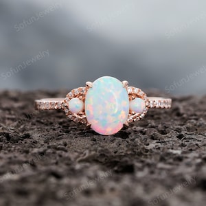 Vintage Oval White Fire Opal Engagement Ring, October Birthstone Wedding Ring, Unique Silver 925 /Rose Gold Opal Promise Ring Gift for Women