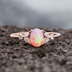 Vintage Pink Fire Opal Engagement Ring, Silver Cute Oval Cut Opal Wedding Ring, Dainty 14K Rose Gold Lovely Pink Opal Promise Ring Gift