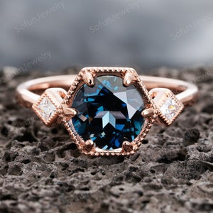 Unique London Blue Topaz Engagement Ring, 3 Carat Vintage Wedding Ring, Round Cut Topaz Birthstone Ring, Rose Gold Three Stone Promise Ring
