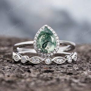 Anillo de compromiso vintage de ágata musgosa en forma de pera, anillo de bodas de oro blanco de 14 k, anillo de compromiso nupcial con halo de plata, regalo de aniversario para mujer.