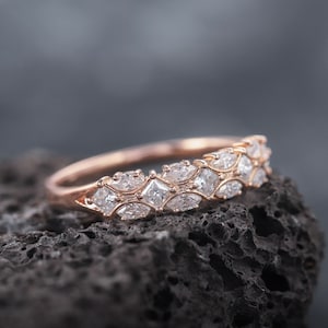 Vintage Princess Cut Moissanite Wedding Band, Half Eternity 14K Rose Gold Marquise Cut Moissanite Matching Band Anniversary Rings for Women