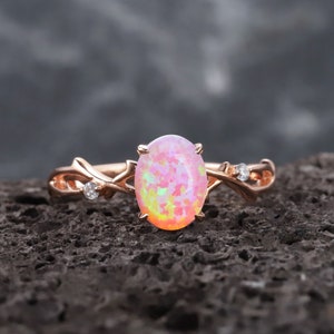 Vintage Twist Branch Pink Fire Opal Engagement Ring, Unique 1 CT Oval Opal Rose Gold Twig Band October Birthstone Wedding Promise Ring Gift