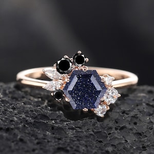 Unique Hexagon Cut Blue Sandstone Engagement Ring, Black Spinel Cluster Promise Ring, Rose Gold Wedding Ring, Galaxy Stone Anniversary Ring