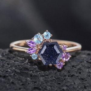 Unique Hexagon Blue Sandstone Engagement Ring Rose Gold/Silver Swiss Blue Topaz and Amethyst Cluster Wedding Ring Anniversary Ring For Women