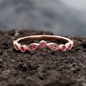 Art Deco Ruby Wedding Band, Vintage Ruby Matching Band Engagement Ring Enhancer Promise Silver Ring 14K Rose Gold Plated Ring Gift for Women