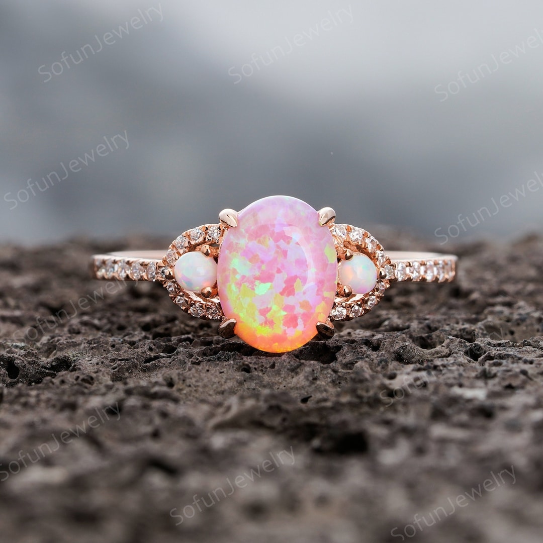 Oval Cut Pink Fire Opal Engagement Ring Vintage Moissanite - Etsy