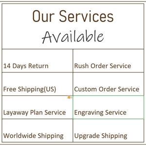 May include: A table with a list of services offered, including 14 days return, free shipping, layaway plan service, worldwide shipping, rush order service, custom order service, engraving service, and upgrade shipping.
