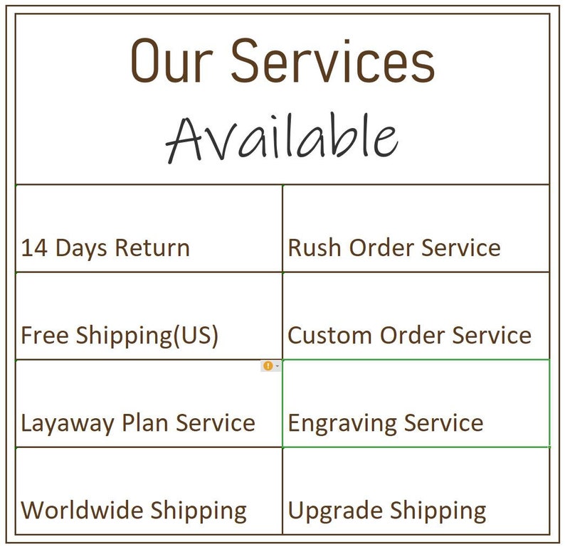 May include: A table with a list of services offered, including 14 days return, free shipping, layaway plan service, worldwide shipping, rush order service, custom order service, engraving service, and upgrade shipping.