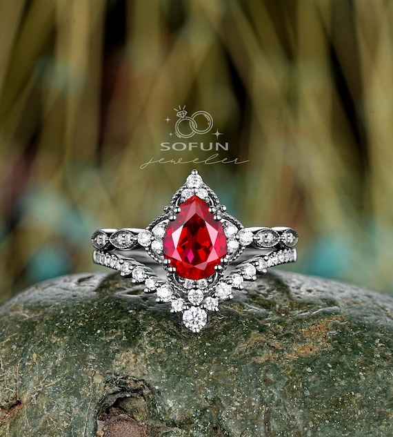Black Gold Pear Shape Ruby Engagement Ring Set, Gothic July