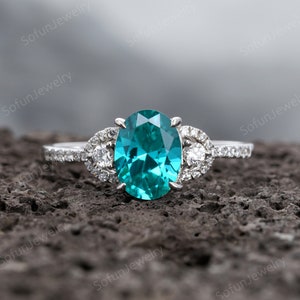 2 CT Unique Neon Blue Paraiba Tourmaline Engagement Ring, Oval Shape Tourmaline 14K White Gold Wedding Ring, Vintage Promise Ring for Women