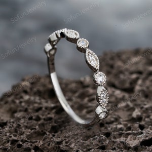 Vintage Moissanite Straight Wedding Band, 14k White Gold Half Eternity Matching Band, Silver 925 Stackable Engagement Promise Ring Enhancer