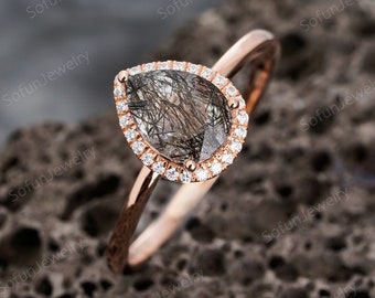 Vintage Teardrop Black Rutilated Quartz Engagement Halo Ring, Pear Black Rutilated Wedding Promise Ring, Rose Gold  Black Stone Wedding Ring