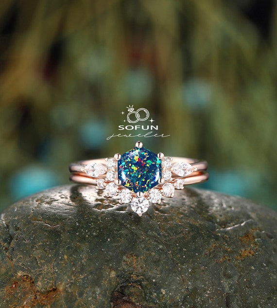 ユニークな六角形のブラックオパール婚約指輪セット、ヴィンテージ 14K 