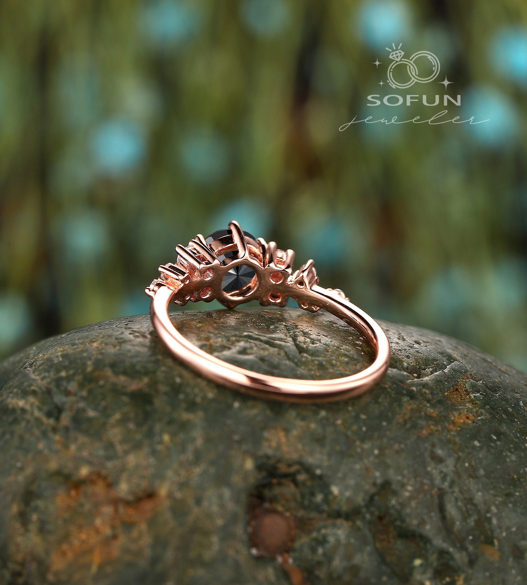 Vintage 6mm Round Shape Natural Black Diamond Engagement Ring, 18K Rose Gold Diamond Snowdrift Wedding Ring Cluster Promise Anniversary Ring, image size:2000x2222