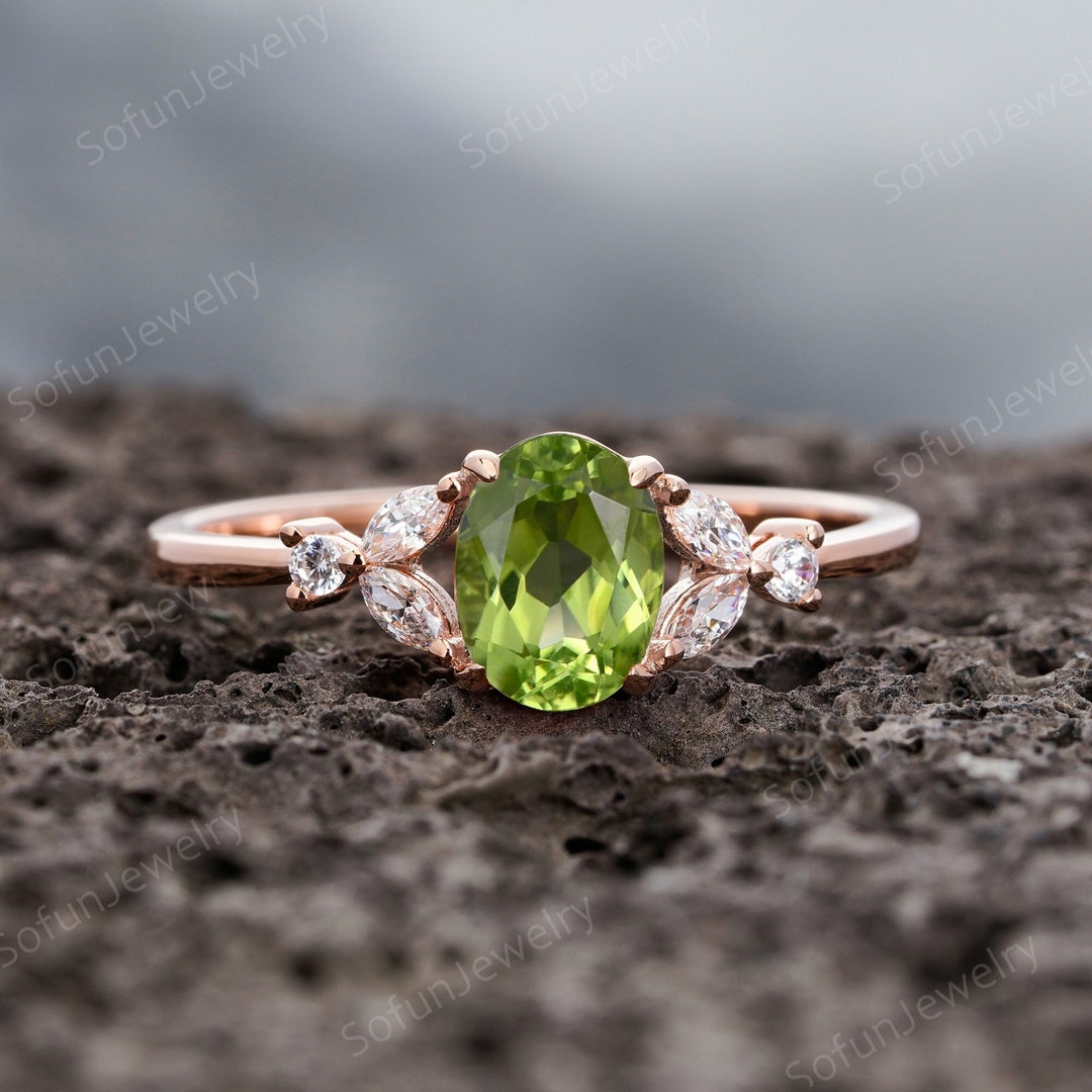 Vintage Oval Cut Peridot Engagement Ring, Unique Rose Gold /silver