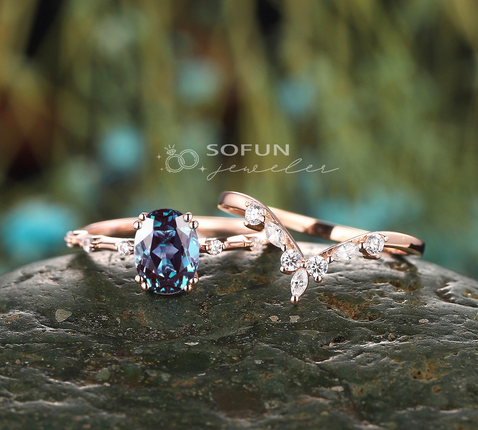 Vintage Oval Cut Alexandrite Wedding Set, Vintage 14K Rose Gold Vintage Oval Cut Alexandrite Wedding Set, Vintage 14K Rose Gold