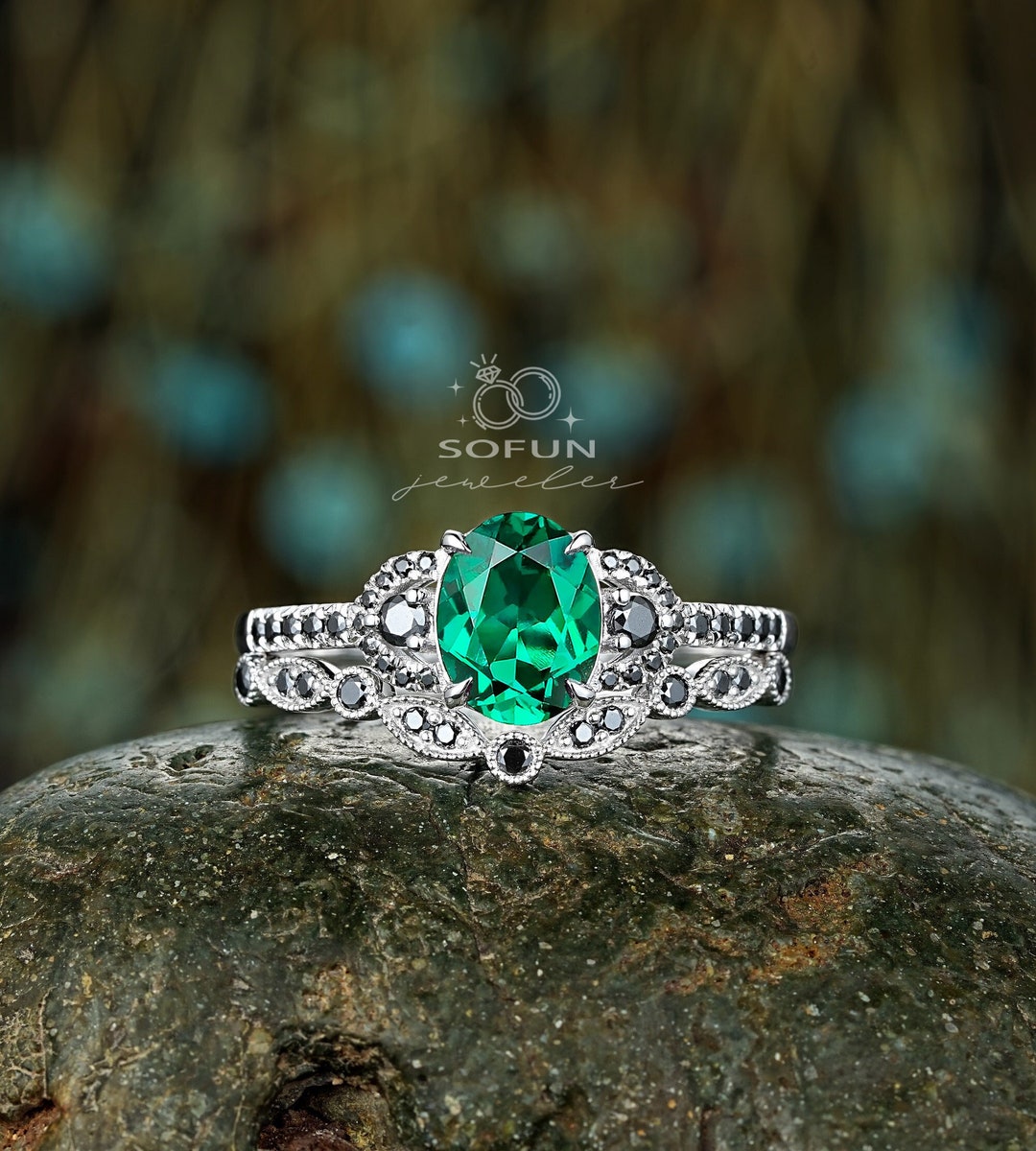 Platinum Oval Shape Emerald Bridal Set, Unique Emerald and Black