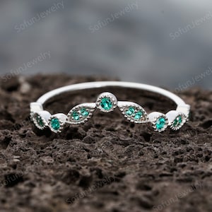 V Shaped Emerald Wedding Band, Art Deco Engagement Ring Enhancer Emerald Matching Band White Gold Plated Silver 925 Promise Anniversary Ring