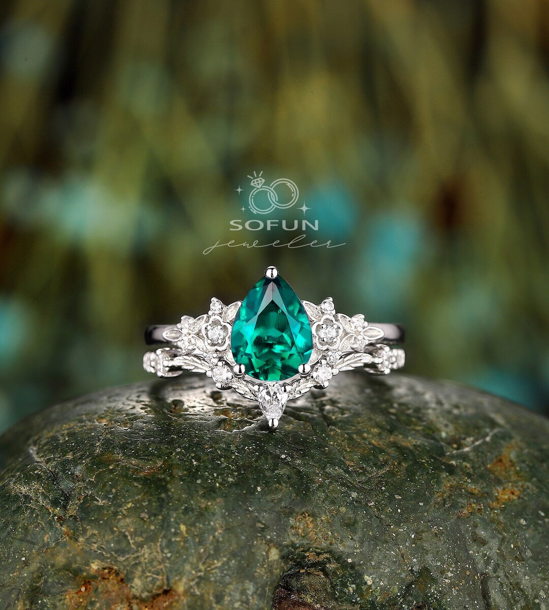 Vintage Pear Shape Emerald Engagement Ring Set, Unique 14K White Gold ...