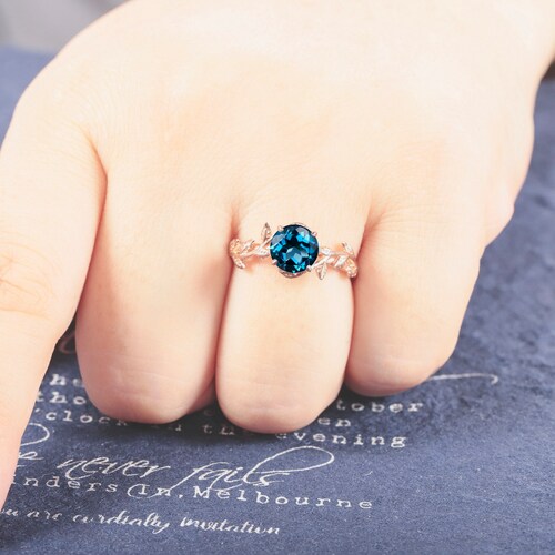 Vintage Round Cut London Blue Topaz Leaf Engagement Ring, Unique 14K Rose Gold/Sterling Silver Topaz Bridal Wedding Promise Ring For shops Women