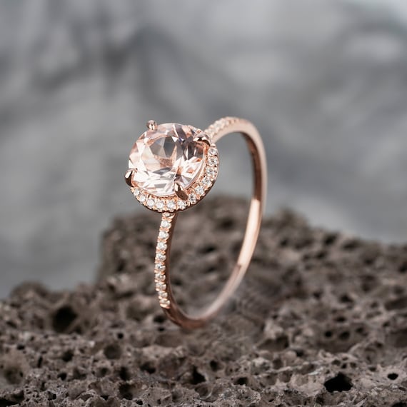 Vintage Round Cut Morganite and Diamond Engagement Ring Unique