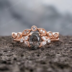 Vintage Oval Cut Black Rutilated Quartz Engagement Ring Set, Silver or Rose Gold Black Rutilated Bridal Set, Promise Wedding Ring Women Gift