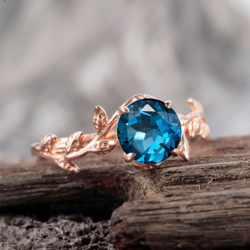 Vintage Round Cut London Blue Topaz Leaf Engagement Ring, Unique 14K Rose Gold/Sterling Silver Topaz Bridal Wedding Promise Ring For shops Women