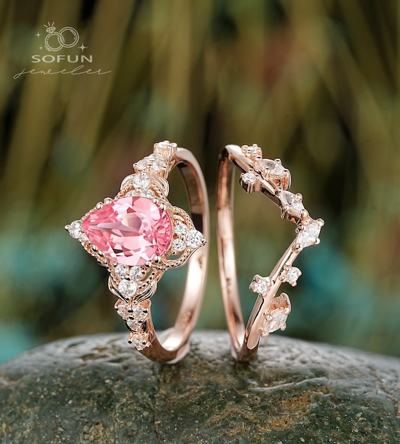Nature Inspired Pear Shape Pink Sapphire and Diamond Engagement