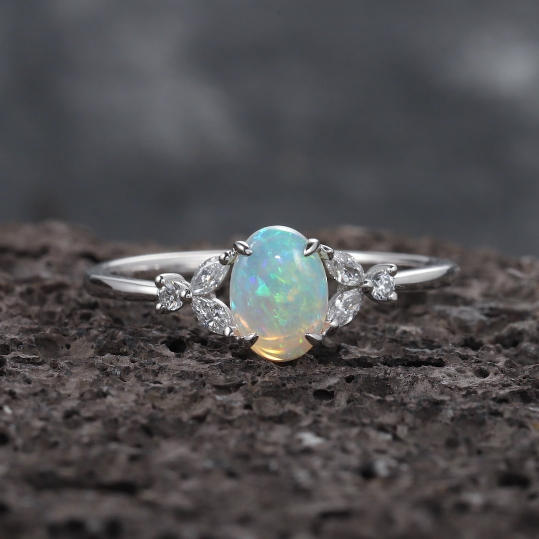10 Carats Blue Australian Opal Ring With Diamonds Vintage Natural