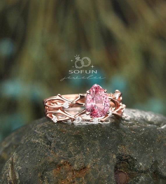 Vintage Pear Shape Pink Sapphire and Diamond Engagement Ring Set - Main Image