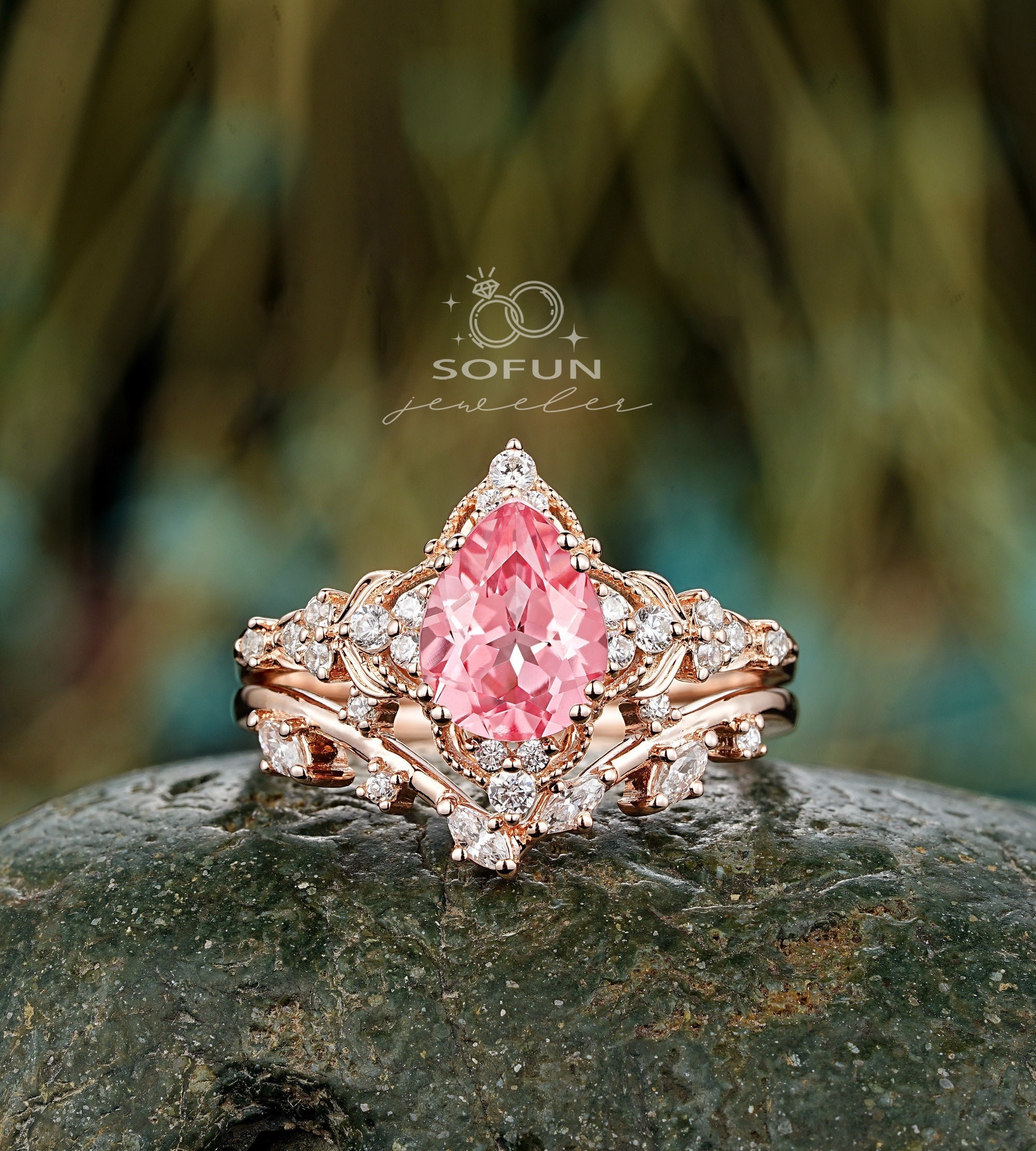 Nature Inspired Pear Shape Pink Sapphire and Diamond Engagement