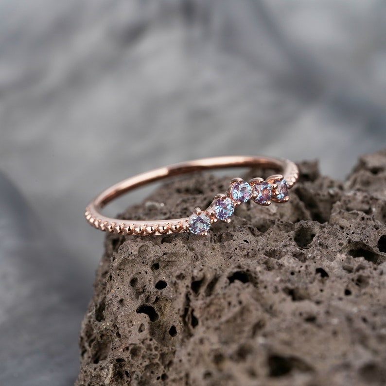 Unique V Shaped Alexandrite Wedding Band, 14K Rose Gold Vintage Curve Stackable Matching Band Alexandrite Engagement Ring Enhancer for Women image 8